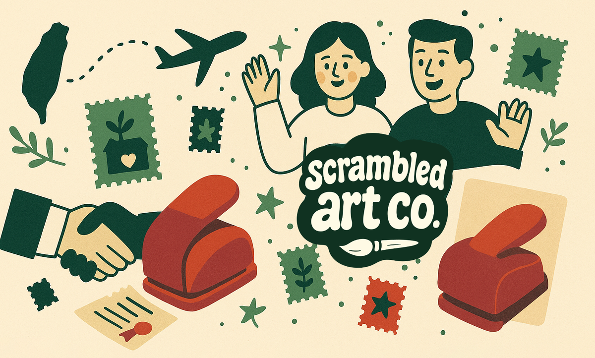Illustration of people with 'scrambled art co.' logo and printing equipment on a beige background