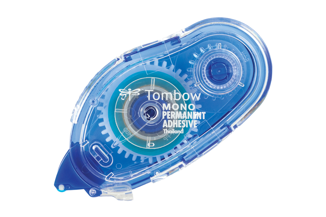 Tombow Mono Permanent Adhesive with blue and clear design on a white background