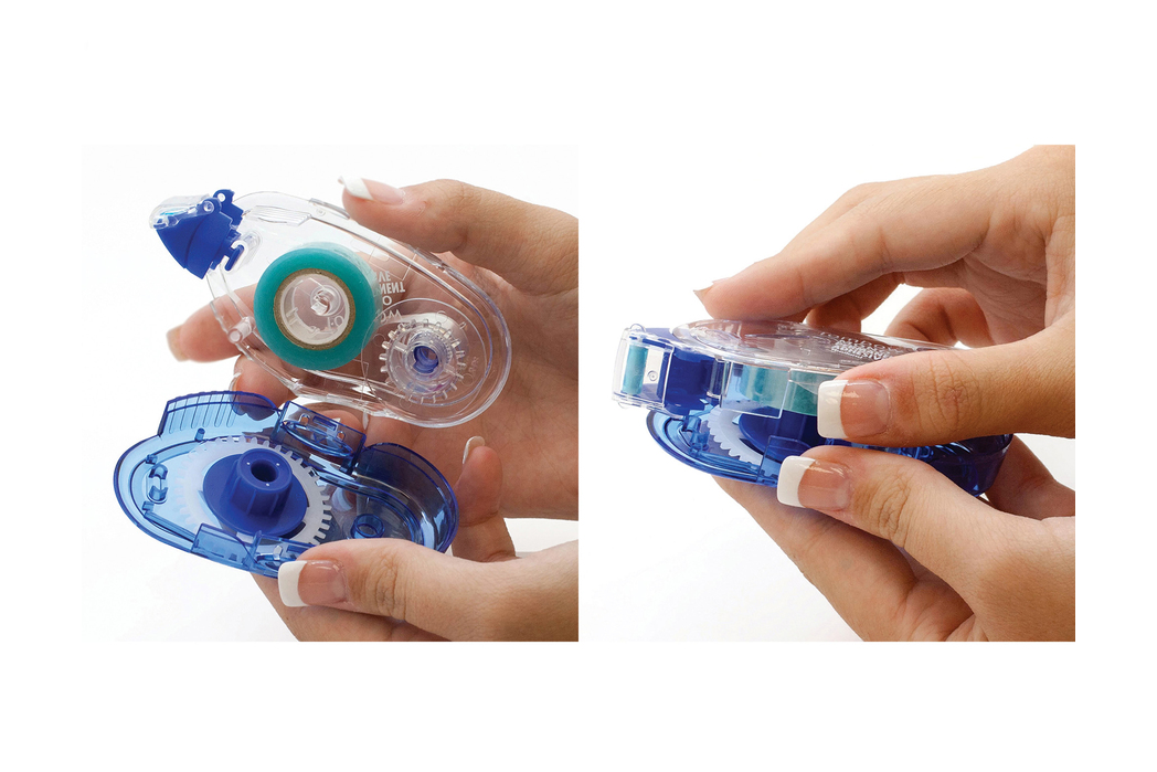 Blue and clear tape dispenser held by a hand on a white background